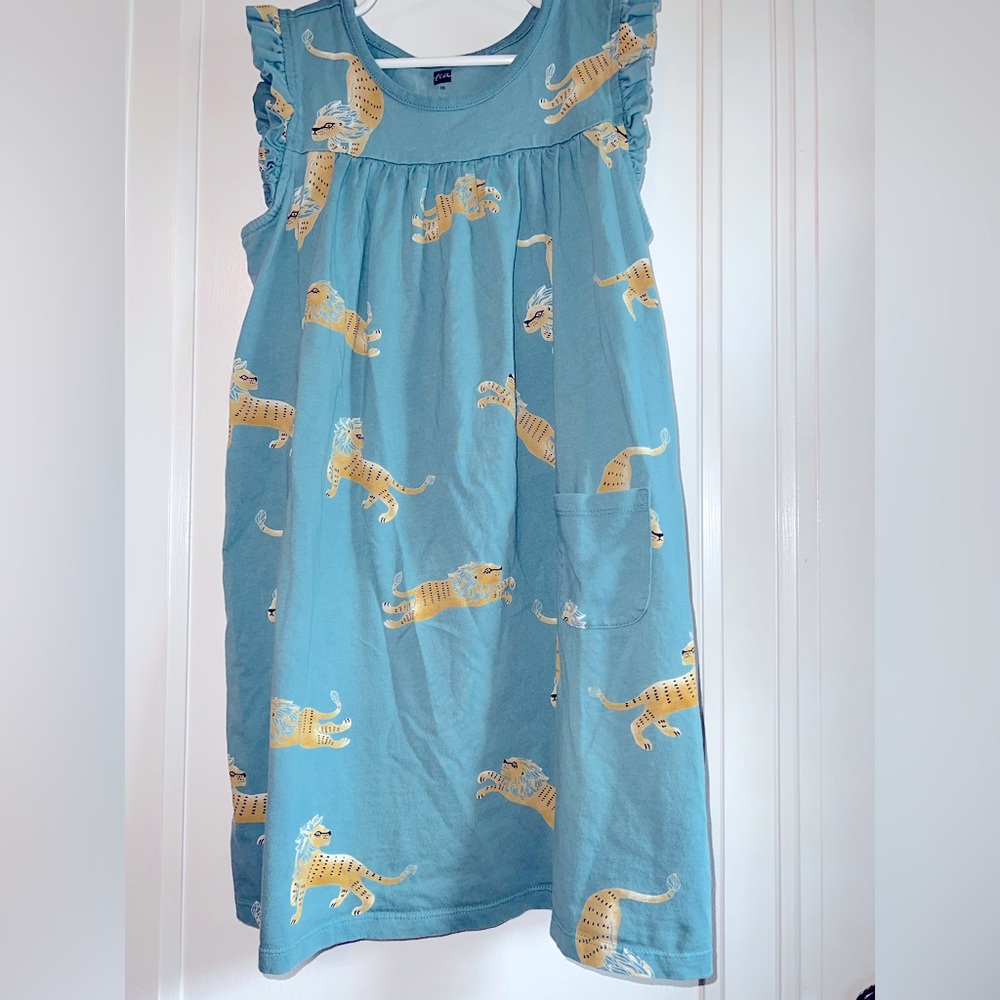 Tea Collection Mighty Mini Light Teal Dress with Barbary Lion Print Size 10